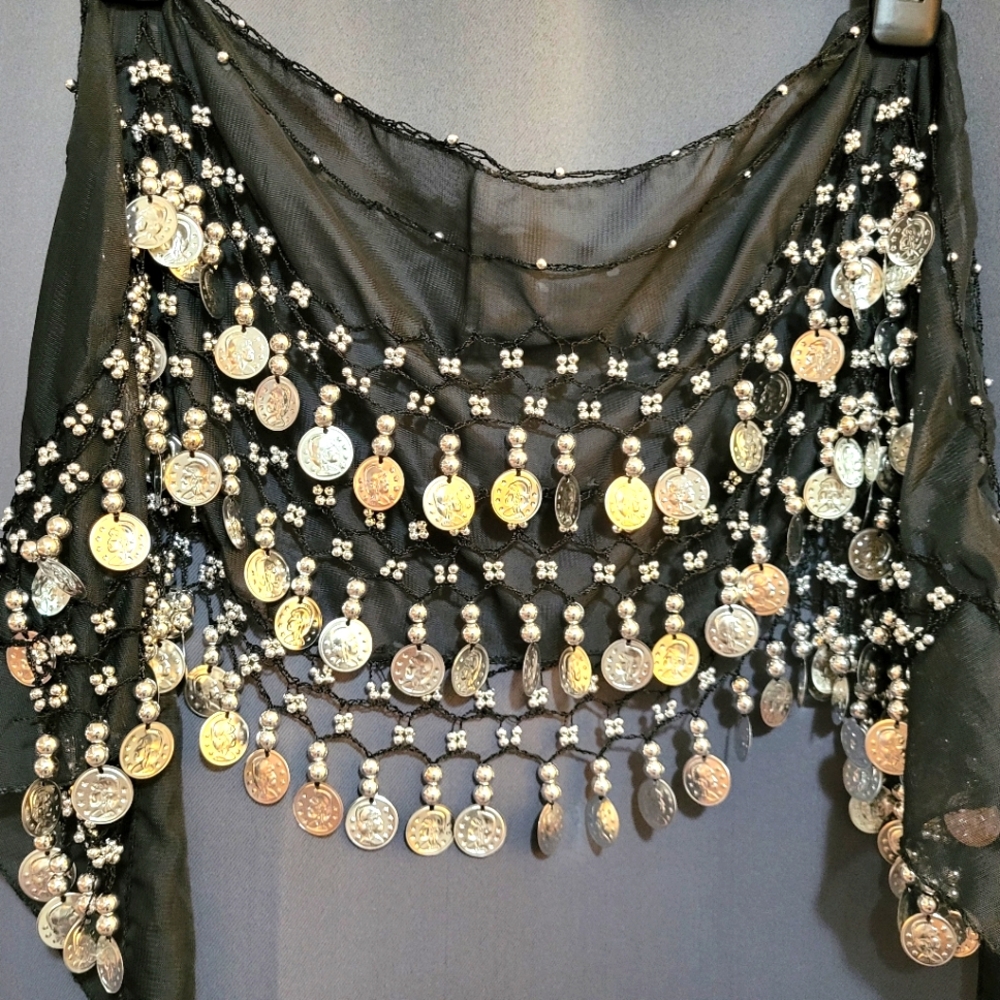 Black Belly Dance Hip Scarf with Silver Coins